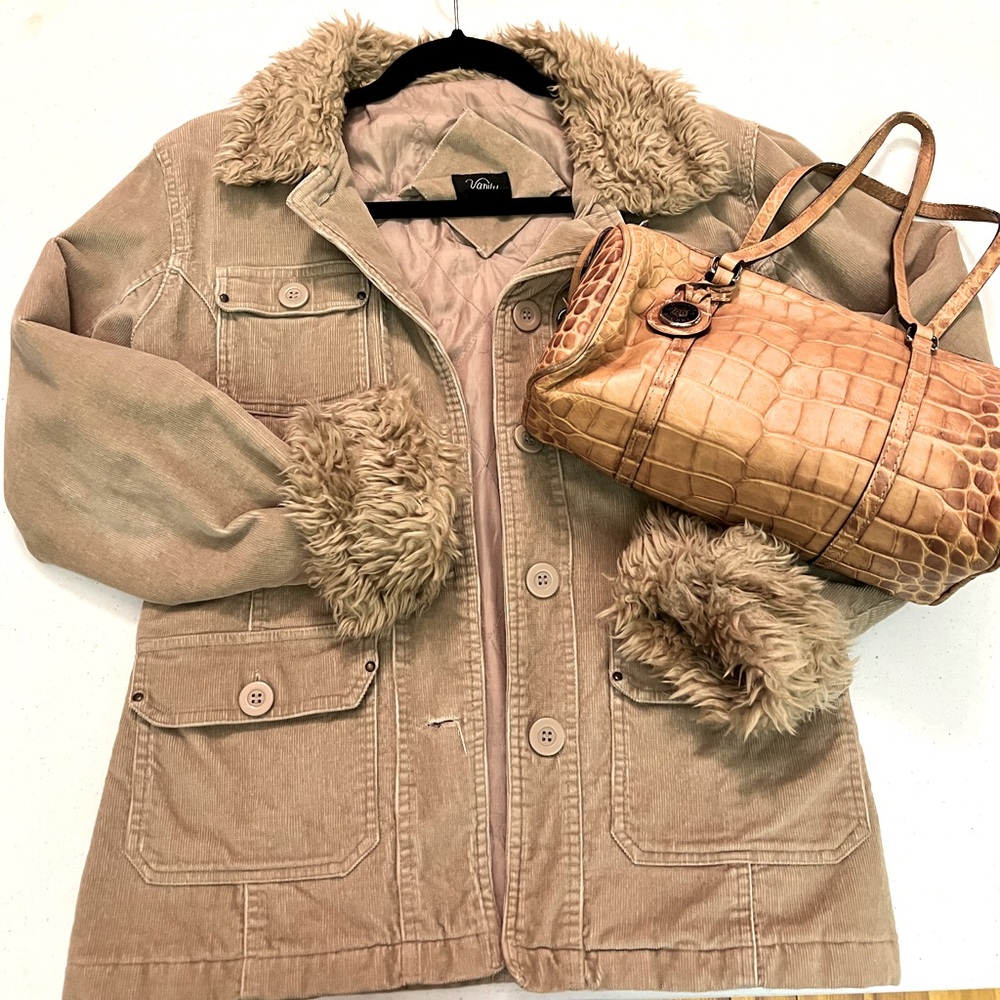 Khaki/tan trendy faux fur collar and cuffs jacket